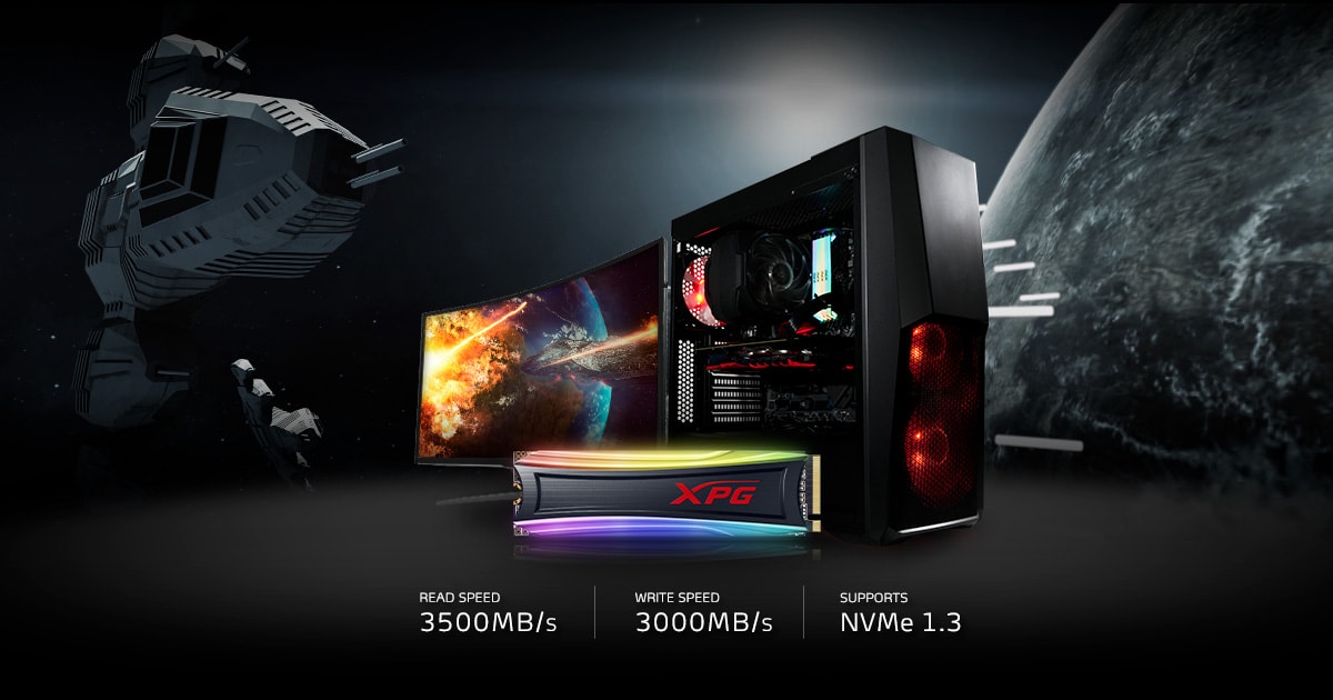 A SPECTRIX S40G in the center, standing in front of a gaming computer and a curved monitor. The background is a battle spaceship and a planet.